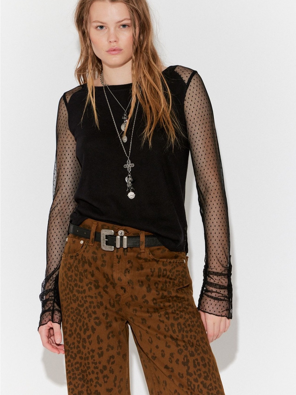 NWT Black Sheer Dot Sleeve Long-Sleeve Top